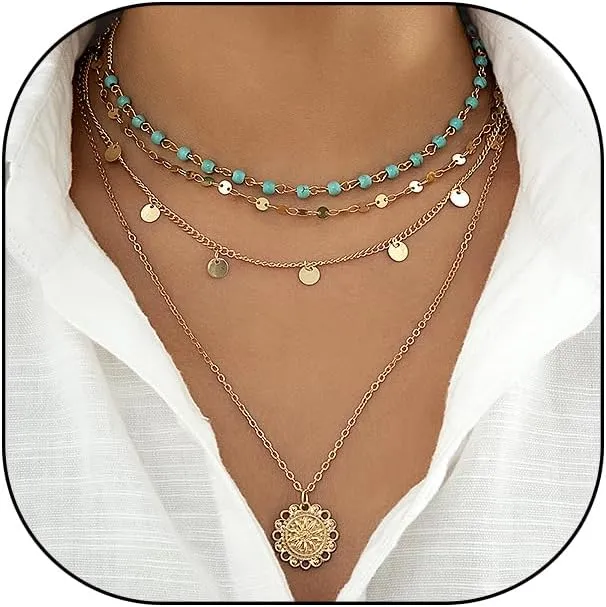 Rrdaily 4Pcs Gold Turquoise Beads Layered Necklace for Women,Stylish Stacking Boho Thin Chain Pendant Necklace,Retro Holiday Beach Party Jewelry Gifts