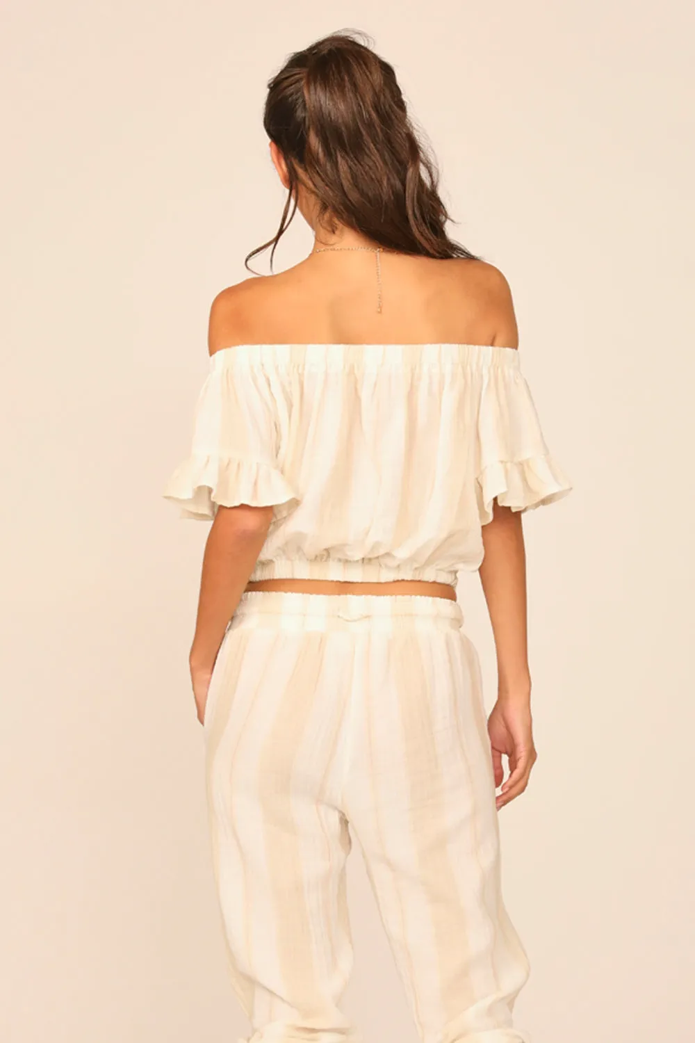 Sand/ Khaki Stripe Gauze Off the Shoulder Top