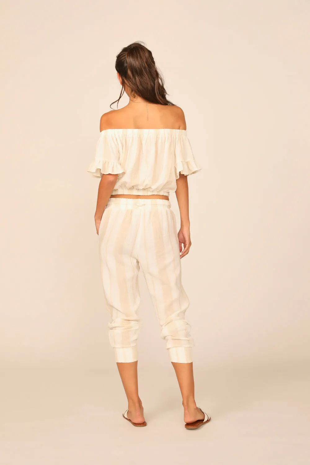 Sand/ Khaki Stripe Gauze Off the Shoulder Top