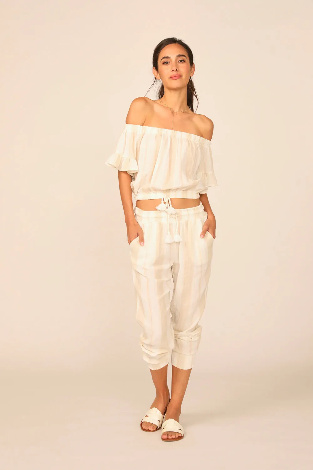 Sand/ Khaki Stripe Gauze Off the Shoulder Top