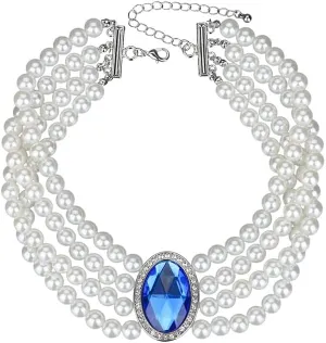 Sither Pearls Choker Necklace for Women Blue Crystal Pendant Choker Boho Necklace Jewelry for Halloween Christmas Gift