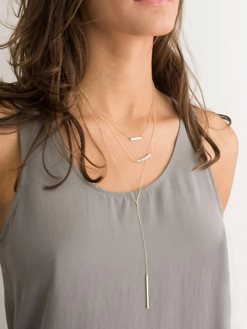 S.J JEWELRY Womens Handmade CZ Simple Delicate 14K Gold Plated/Rose Gold Plated/Silver Plated Lariat Simple Baton Adjustable Y Necklace