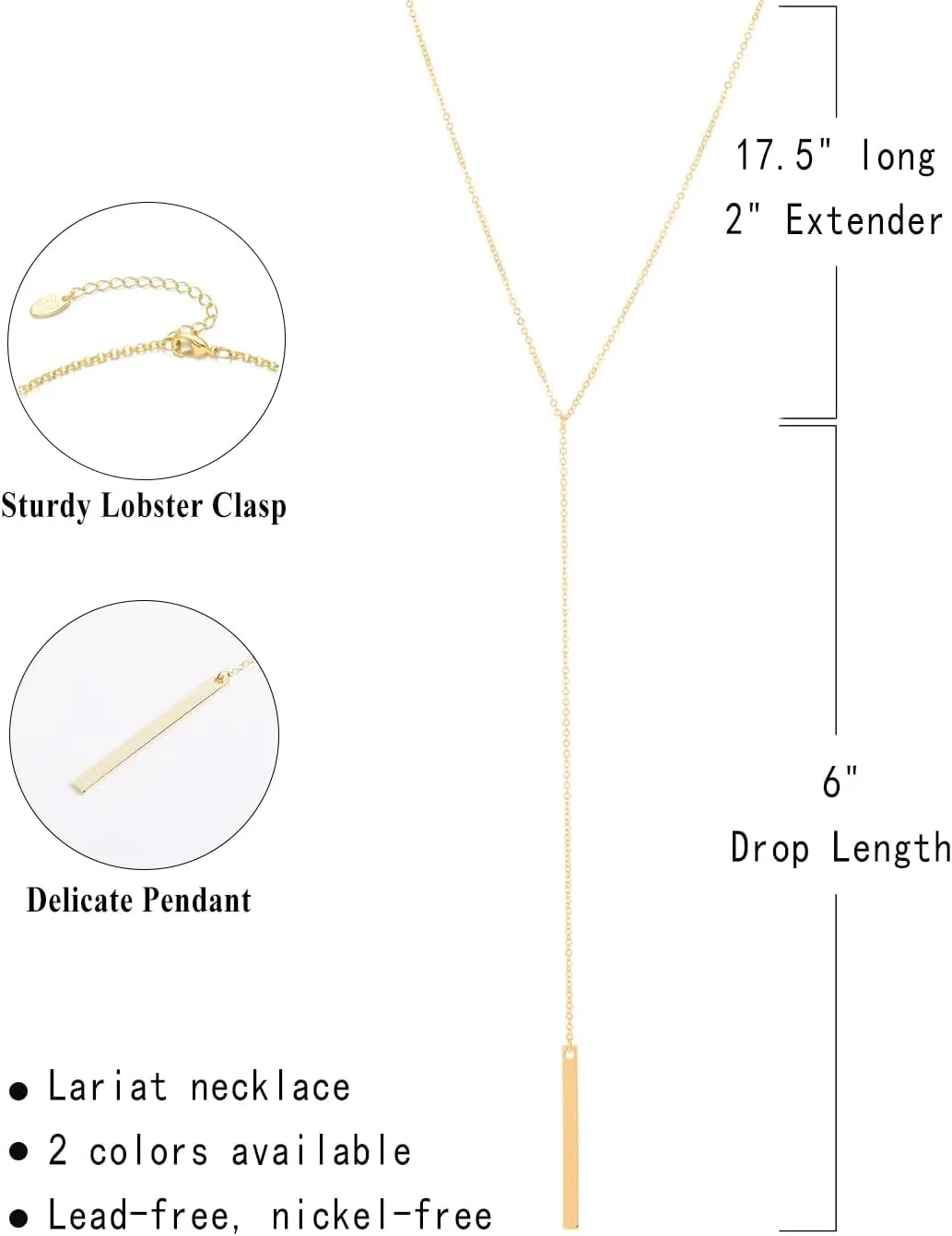 S.J JEWELRY Womens Handmade CZ Simple Delicate 14K Gold Plated/Rose Gold Plated/Silver Plated Lariat Simple Baton Adjustable Y Necklace