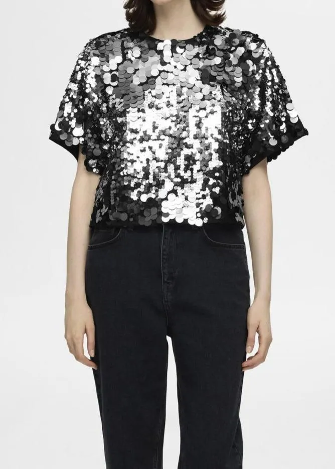 SLFTANA 3/4 SEQUIN CROPPED TOP | SILVER