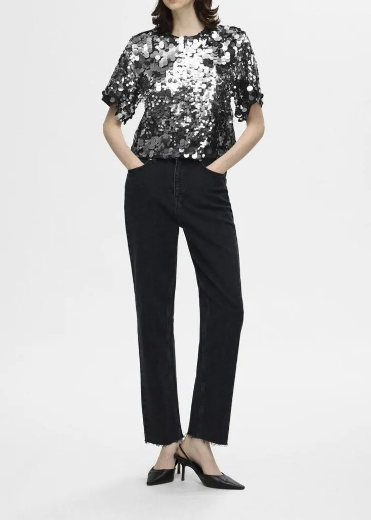 SLFTANA 3/4 SEQUIN CROPPED TOP | SILVER