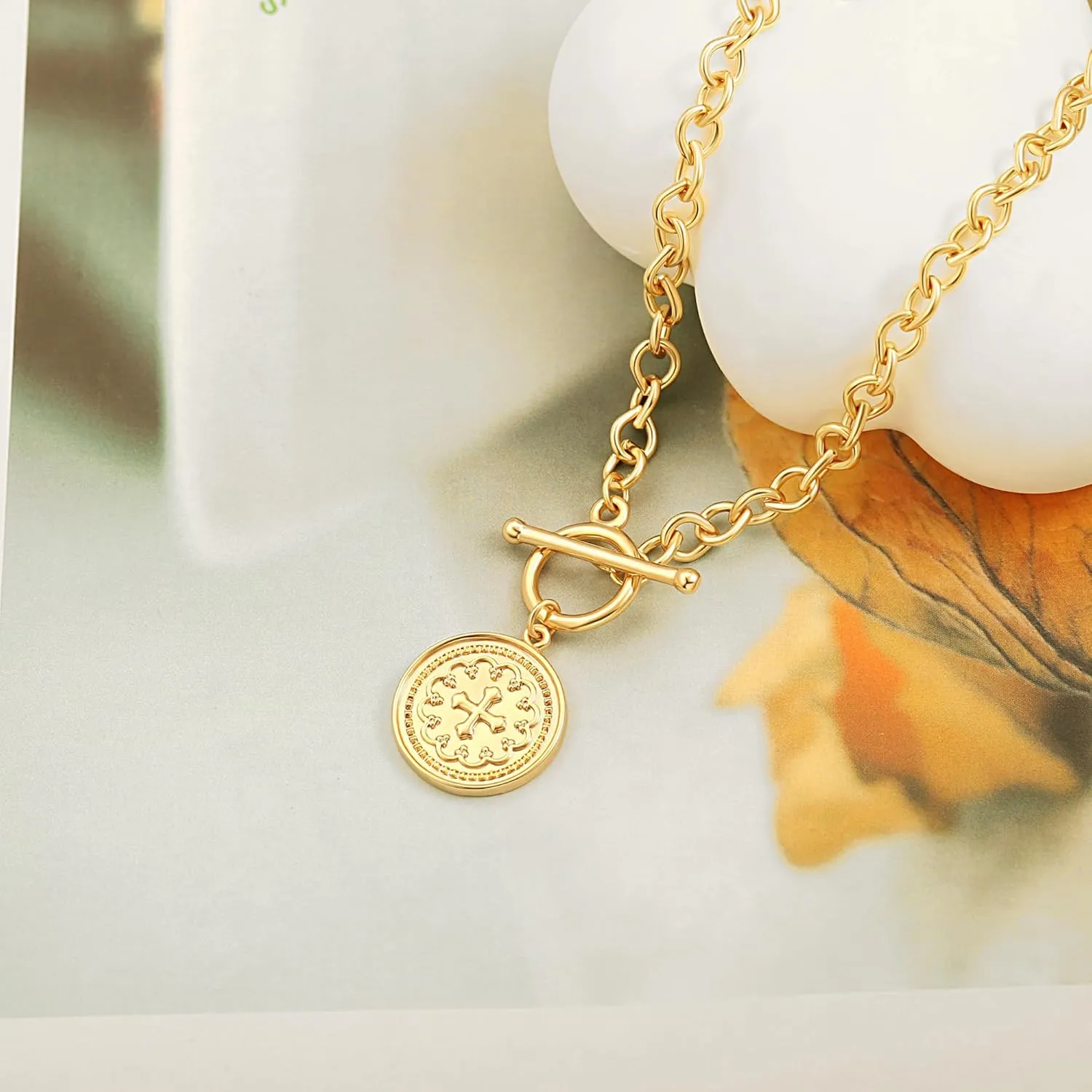 SOFYBJA Saint Benedict Necklace Drop 18K Gold Toggle Medallion Coin Cross Pendant Necklaces Religious Jewelry Catholic Gift for Women
