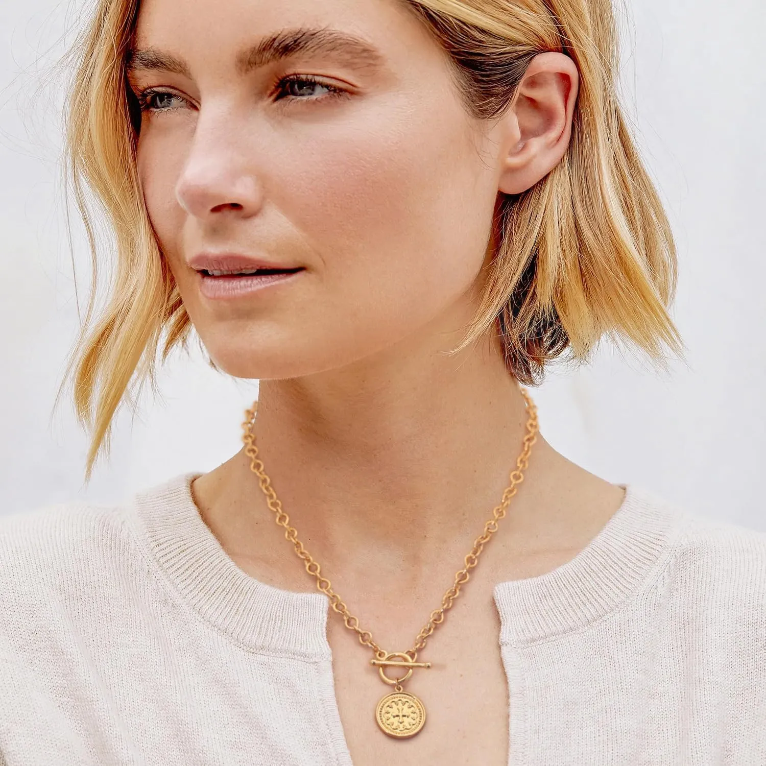 SOFYBJA Saint Benedict Necklace Drop 18K Gold Toggle Medallion Coin Cross Pendant Necklaces Religious Jewelry Catholic Gift for Women
