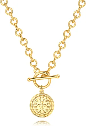 SOFYBJA Saint Benedict Necklace Drop 18K Gold Toggle Medallion Coin Cross Pendant Necklaces Religious Jewelry Catholic Gift for Women
