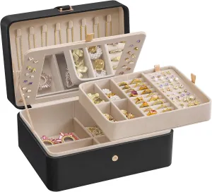 SONGMICS Jewelry Box with Mirror, 2-Layer Jewelry Holder Organizer, Travel Jewelry Case, Removable Jewelry Tray, 6.9 x 8.7 x 4.3 Inches, Earring Necklace Storage, Gift Idea, Ink Black UJBC200B01