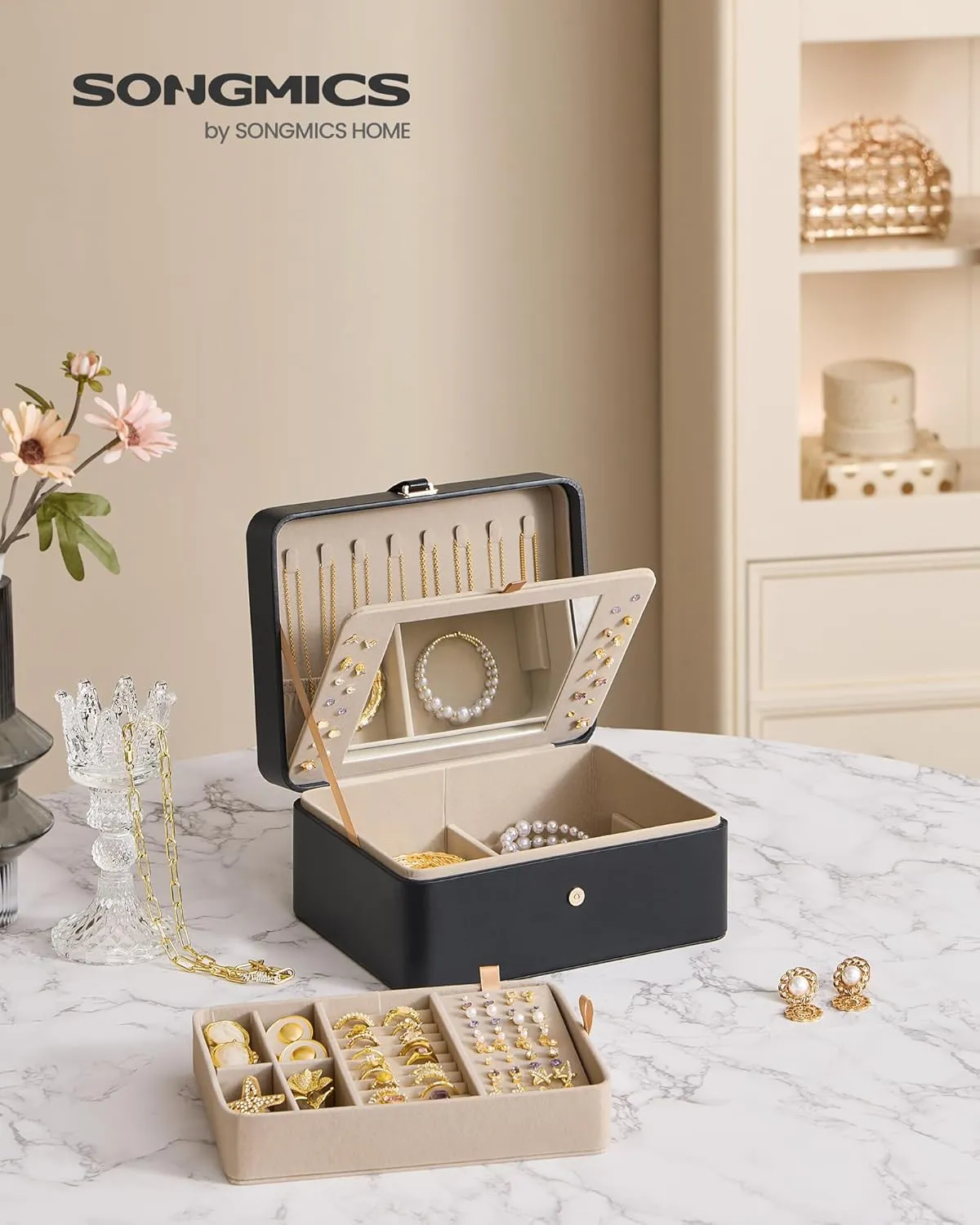 SONGMICS Jewelry Box with Mirror, 2-Layer Jewelry Holder Organizer, Travel Jewelry Case, Removable Jewelry Tray, 6.9 x 8.7 x 4.3 Inches, Earring Necklace Storage, Gift Idea, Ink Black UJBC200B01