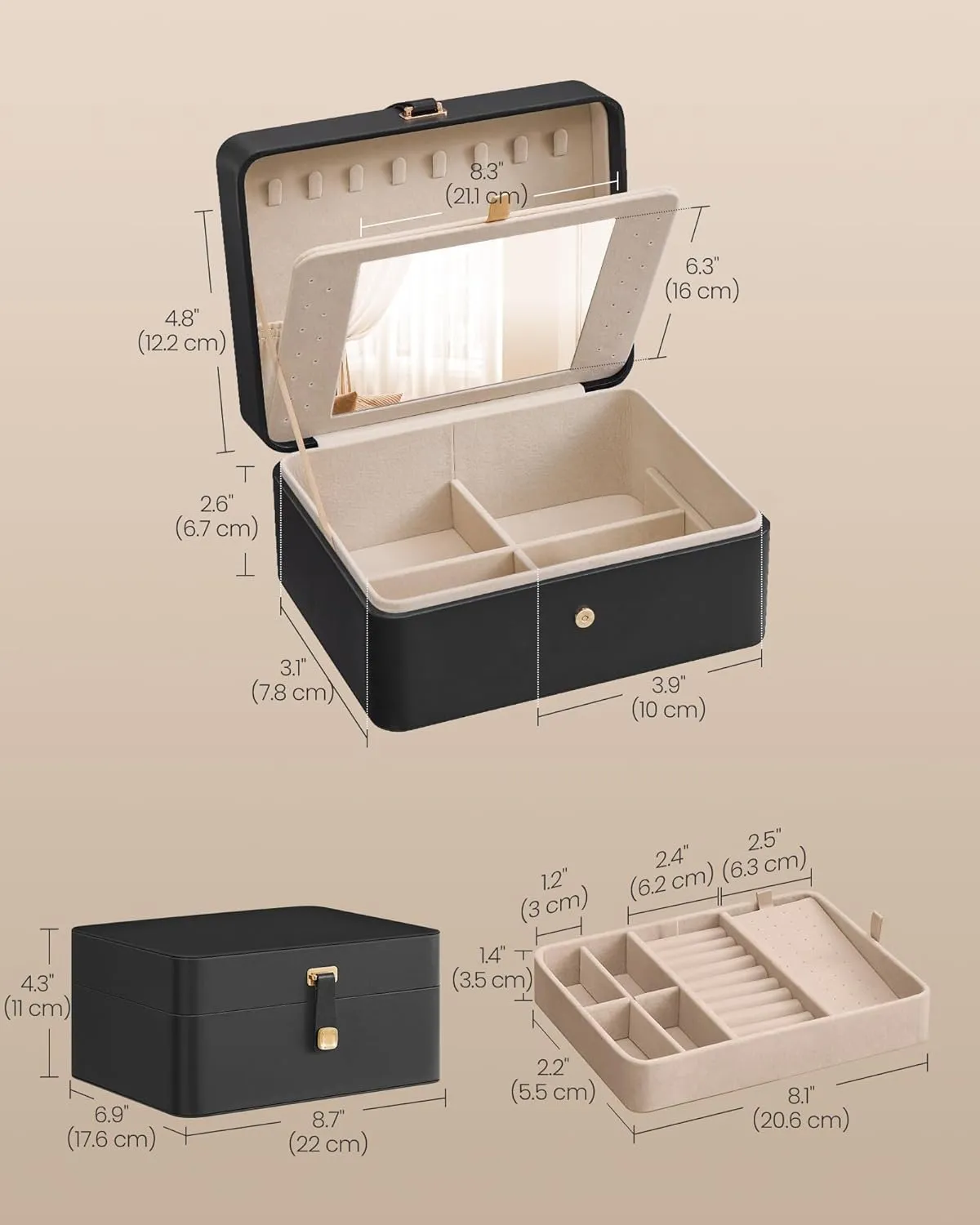 SONGMICS Jewelry Box with Mirror, 2-Layer Jewelry Holder Organizer, Travel Jewelry Case, Removable Jewelry Tray, 6.9 x 8.7 x 4.3 Inches, Earring Necklace Storage, Gift Idea, Ink Black UJBC200B01