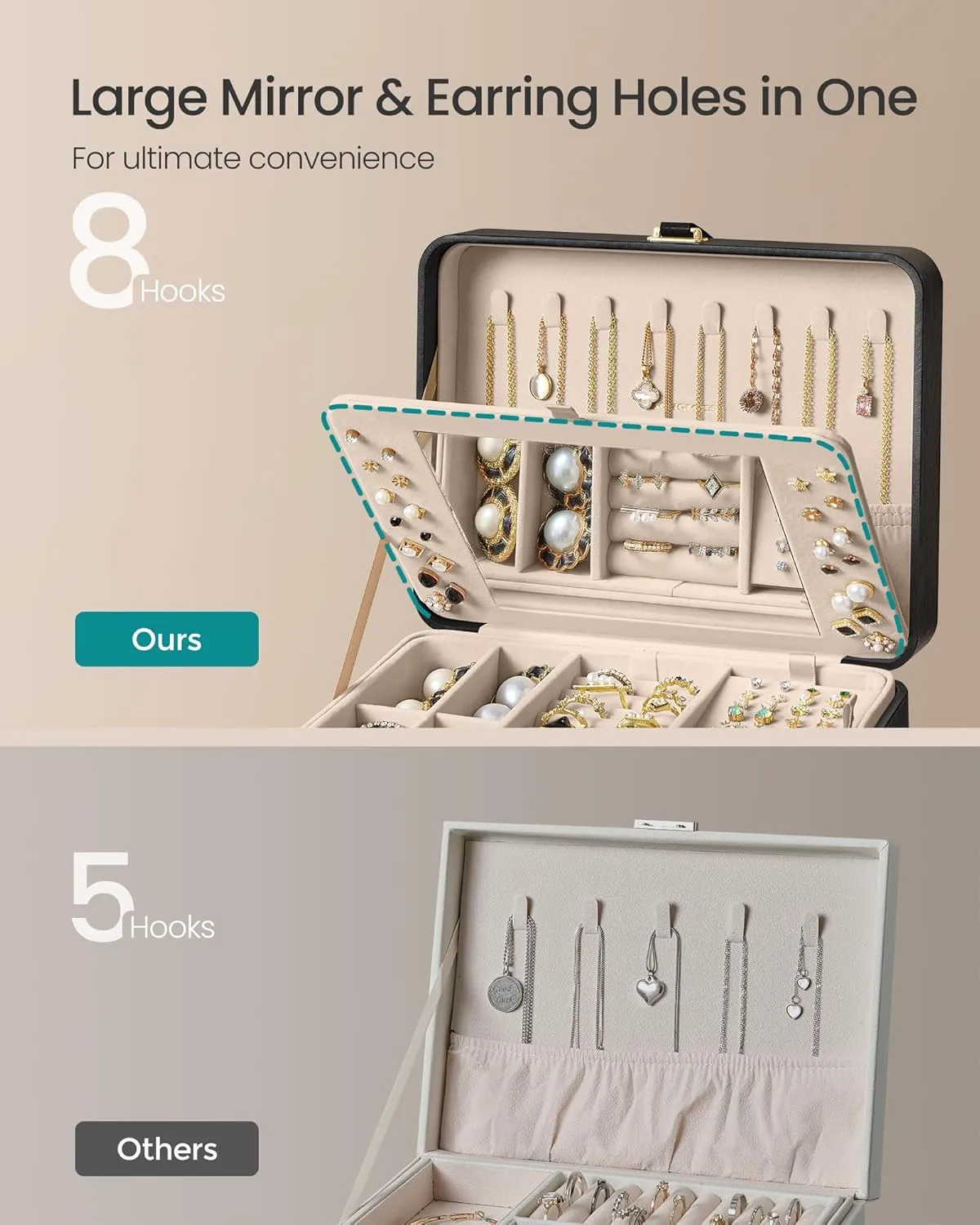 SONGMICS Jewelry Box with Mirror, 2-Layer Jewelry Holder Organizer, Travel Jewelry Case, Removable Jewelry Tray, 6.9 x 8.7 x 4.3 Inches, Earring Necklace Storage, Gift Idea, Ink Black UJBC200B01