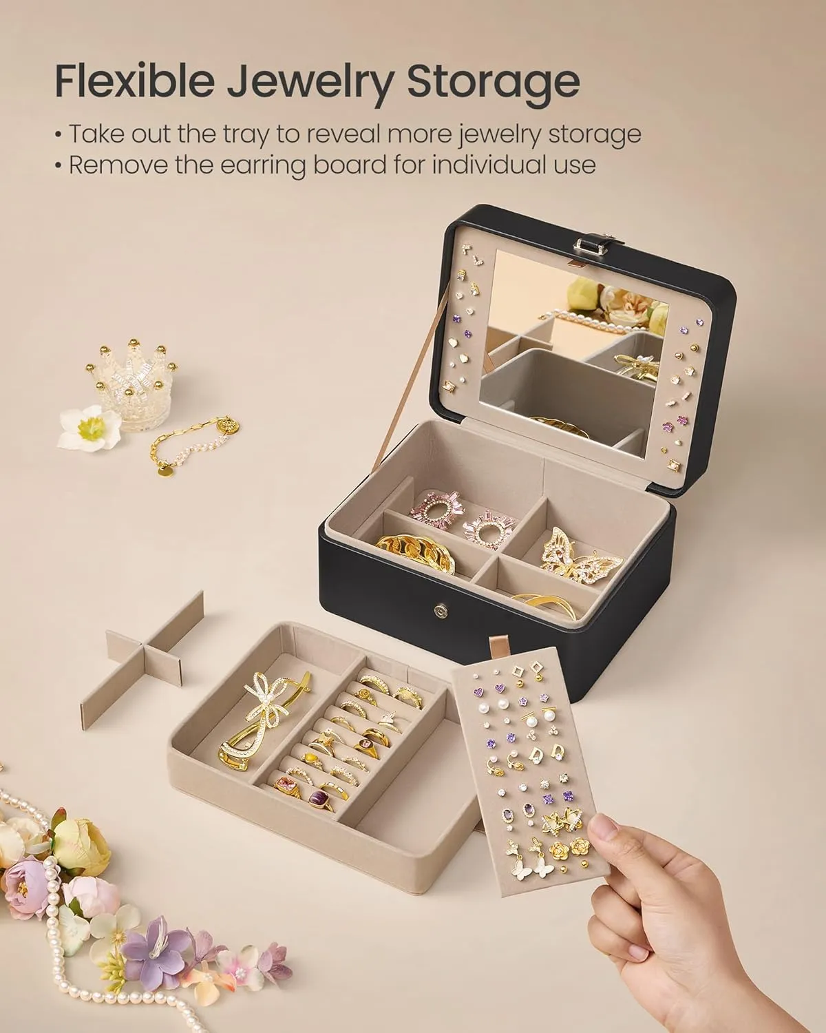 SONGMICS Jewelry Box with Mirror, 2-Layer Jewelry Holder Organizer, Travel Jewelry Case, Removable Jewelry Tray, 6.9 x 8.7 x 4.3 Inches, Earring Necklace Storage, Gift Idea, Ink Black UJBC200B01