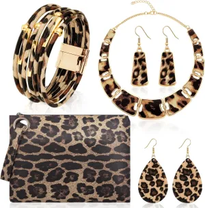 Sotiff 5 Pcs Women Leopard Purse Leopard Jewelry Set Necklaces Clutch Earring Leather Wrap Bracelets Long Tassel Pendant