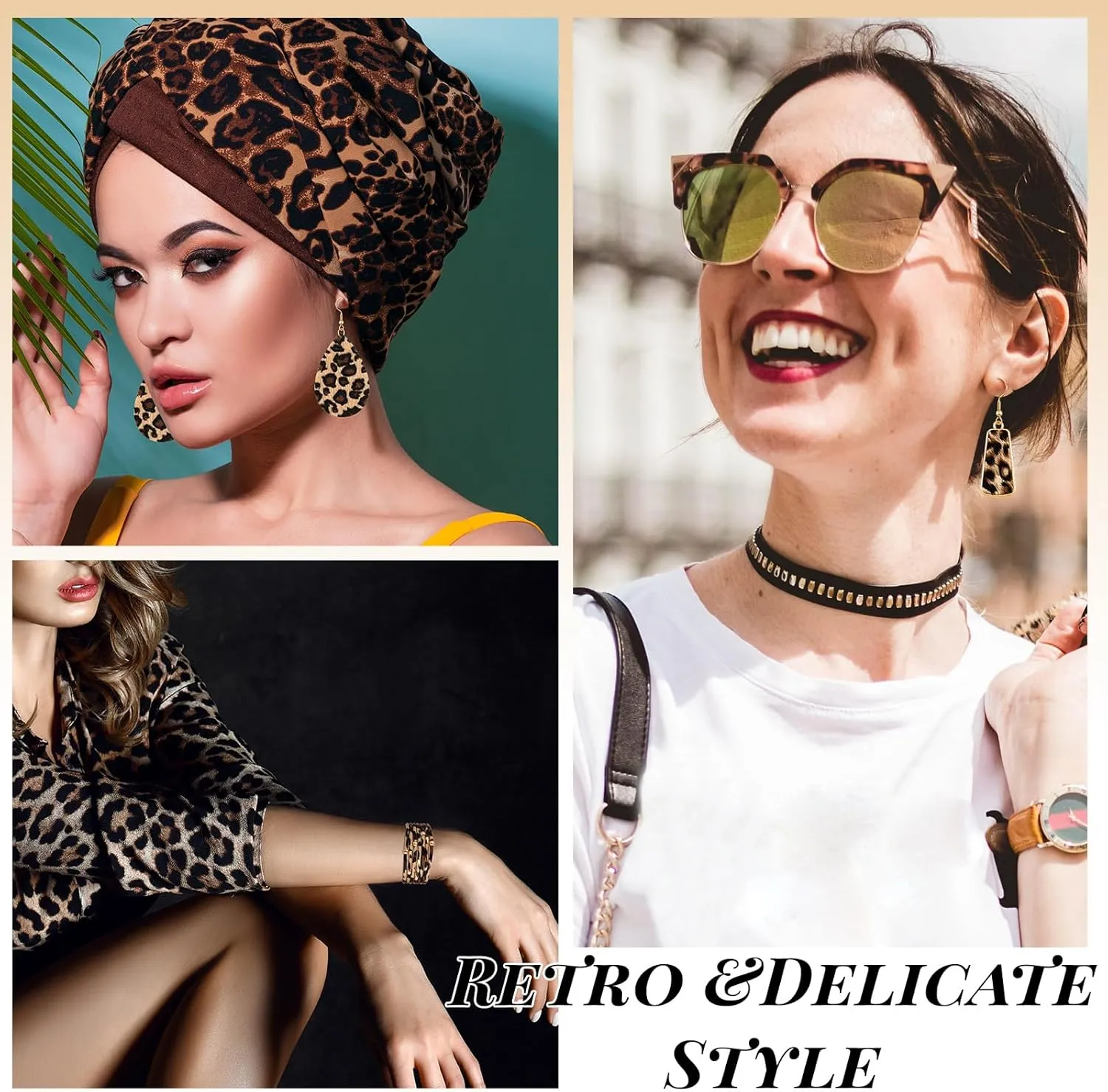 Sotiff 5 Pcs Women Leopard Purse Leopard Jewelry Set Necklaces Clutch Earring Leather Wrap Bracelets Long Tassel Pendant