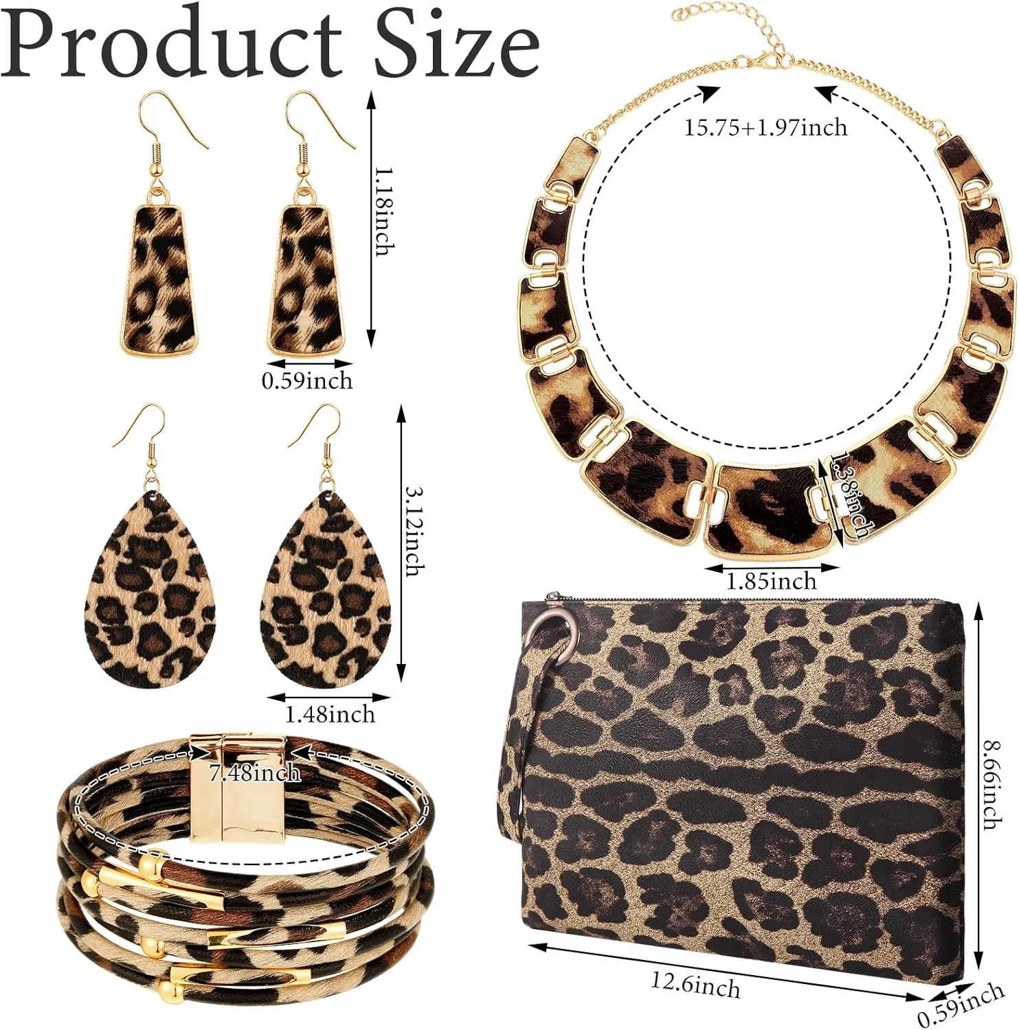 Sotiff 5 Pcs Women Leopard Purse Leopard Jewelry Set Necklaces Clutch Earring Leather Wrap Bracelets Long Tassel Pendant