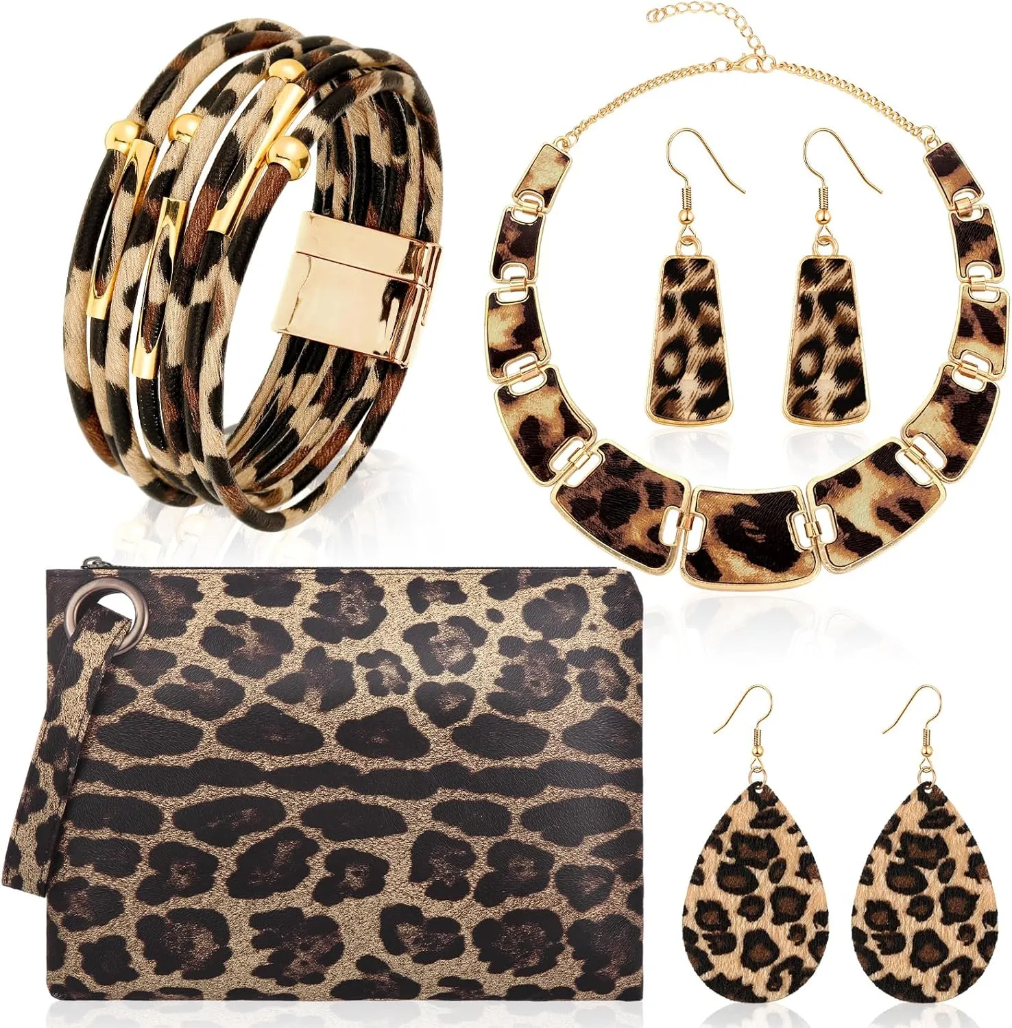 Sotiff 5 Pcs Women Leopard Purse Leopard Jewelry Set Necklaces Clutch Earring Leather Wrap Bracelets Long Tassel Pendant