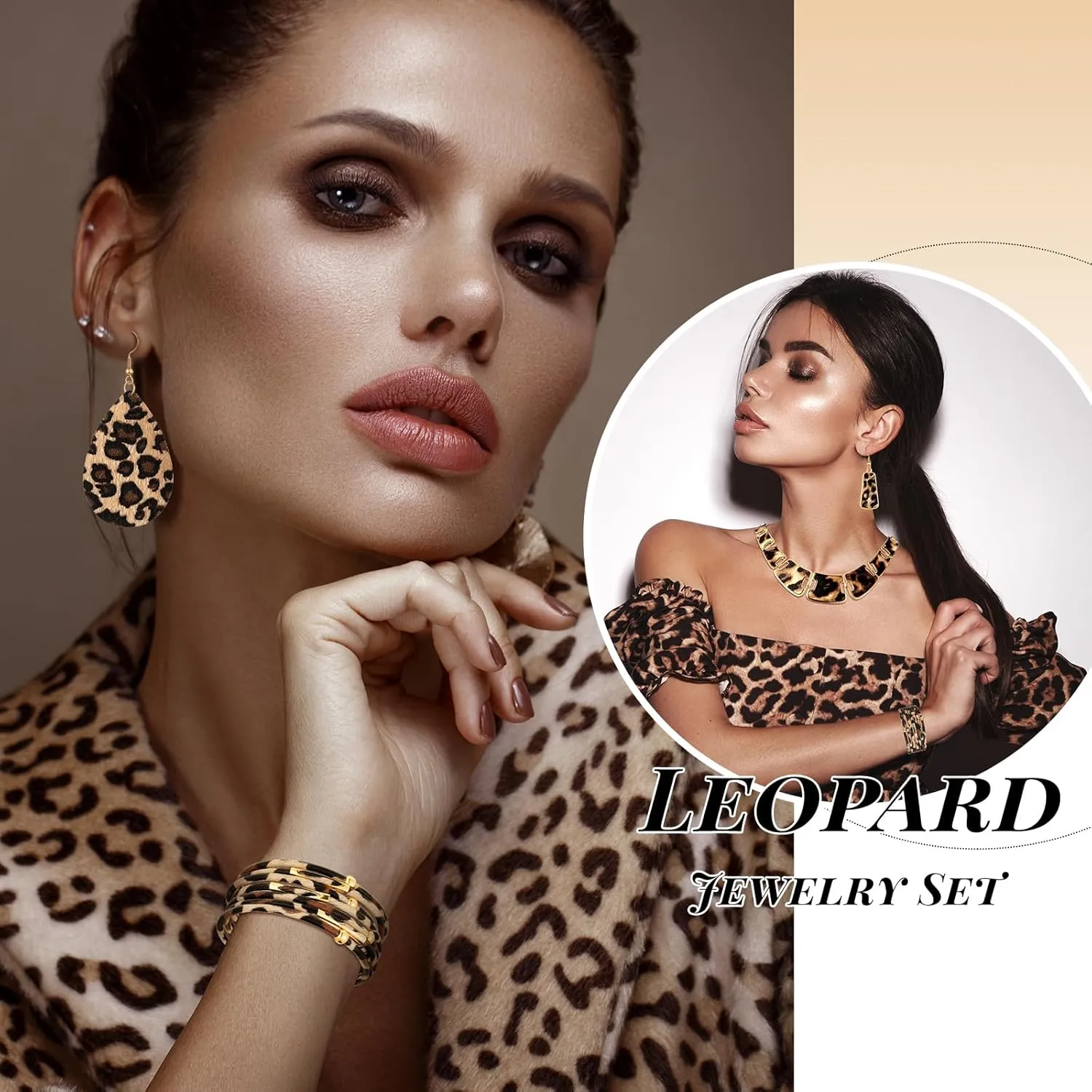 Sotiff 5 Pcs Women Leopard Purse Leopard Jewelry Set Necklaces Clutch Earring Leather Wrap Bracelets Long Tassel Pendant