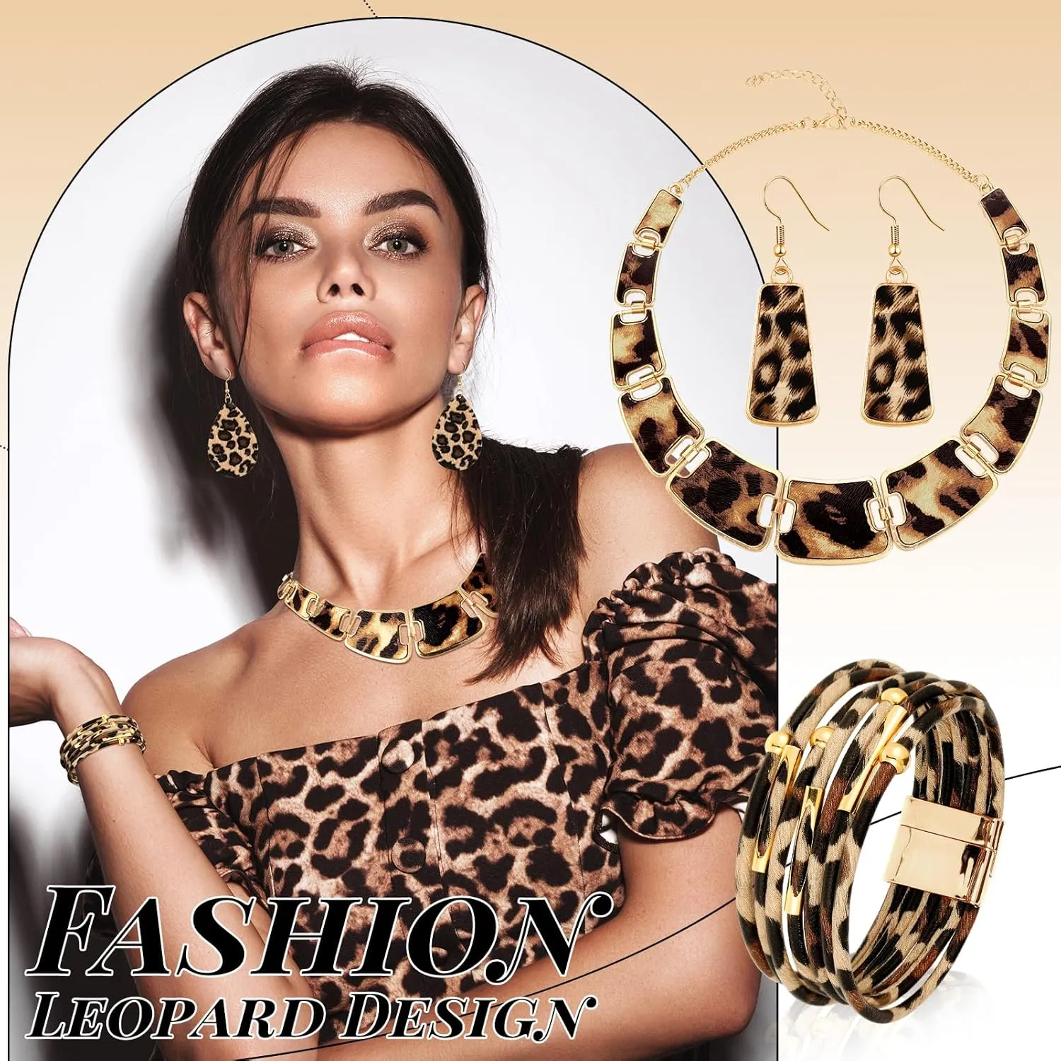 Sotiff 5 Pcs Women Leopard Purse Leopard Jewelry Set Necklaces Clutch Earring Leather Wrap Bracelets Long Tassel Pendant