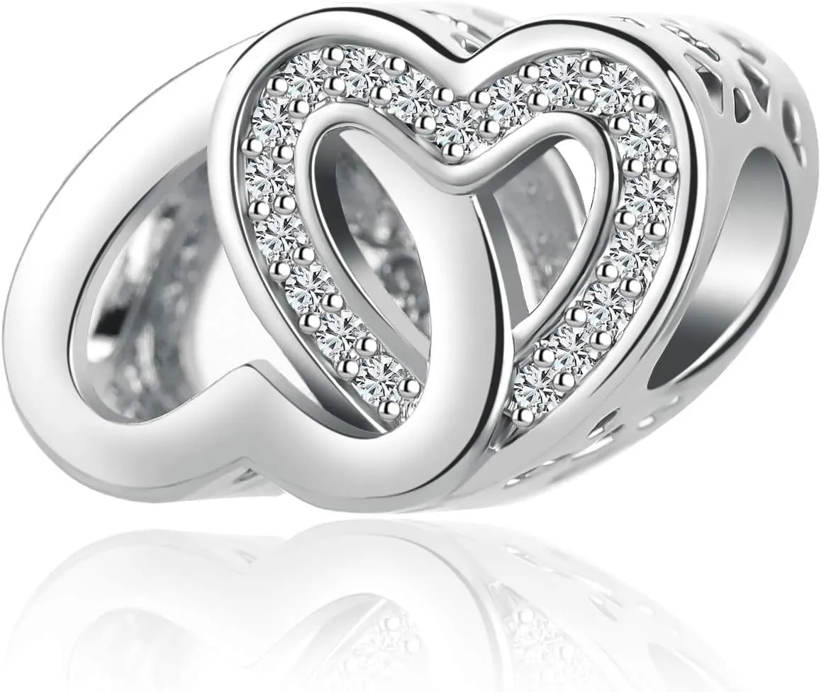 Sparkling Love Heart Charm for Bracelet Silver Cubic Zirconia Bracelets Bead for Women Love Wife Girlfriend Valentine Family