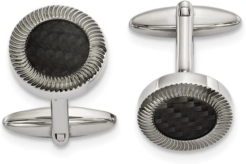 Stainless Steel Polished Black Carbon Fiber Inlay Cufflinks