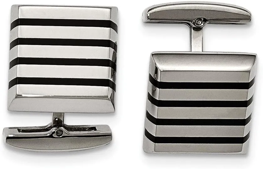 Stainless Steel Polished Black Rubber Square Cufflinks