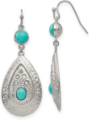 Stainless Steel Polished Hammered Imitation Turquoise CZ Earrings