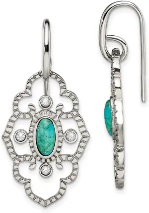 Stainless Steel Polished Imitation. Turquoise and CZ Dangle Earrings