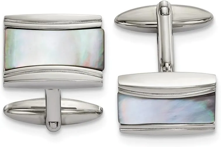 Stainless Steel Polished Rectangle Mother of Pearl Cufflinks