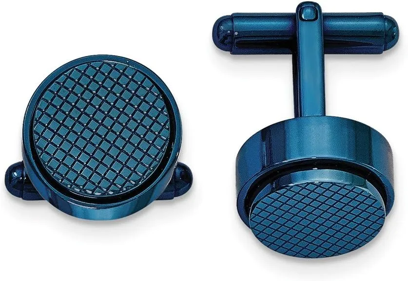 Stainless Steel Polished Textured Blue IP Plated Round Cufflinks