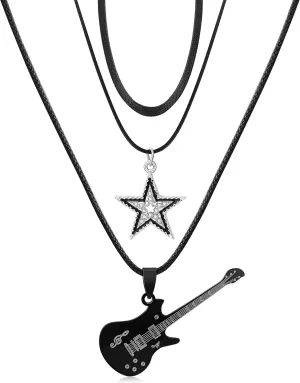 Star Guitar Pick Necklace Punk Choker Rock Roll Grunge Pendant Layered Necklace for Women Men