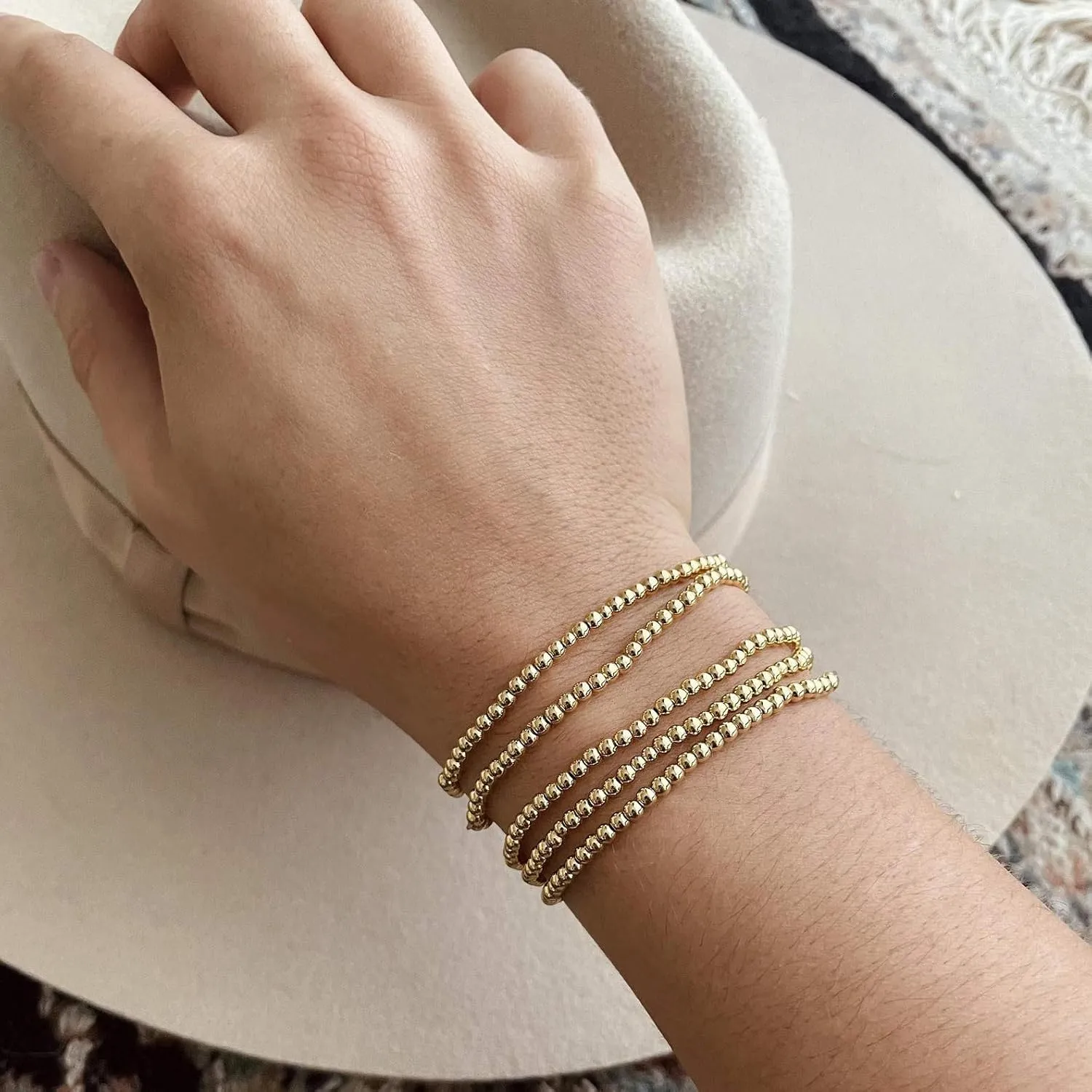 Starain Rose Gold Beaded Bracelets for Women 18K Gold Plated Beaded Ball Stackable Stretch Bracelet Gold Cuff Bangle Set