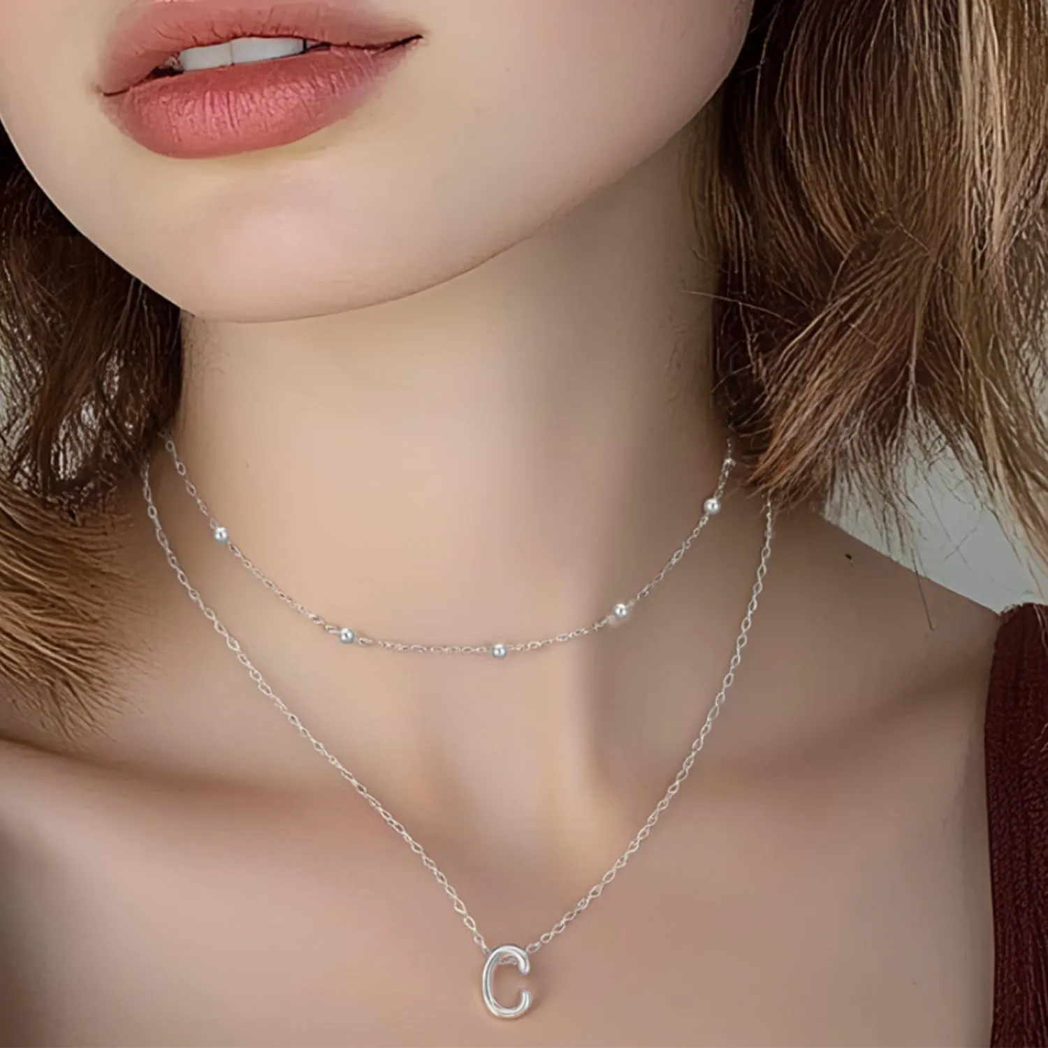 Sterling Silver Layered Initial Necklace for Women - 18K Gold Plated Adjustable Beaded Choker & Personalized Pendant Set, Delicate Jewelry