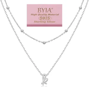Sterling Silver Layered Initial Necklace for Women - 18K Gold Plated Adjustable Beaded Choker & Personalized Pendant Set, Delicate Jewelry