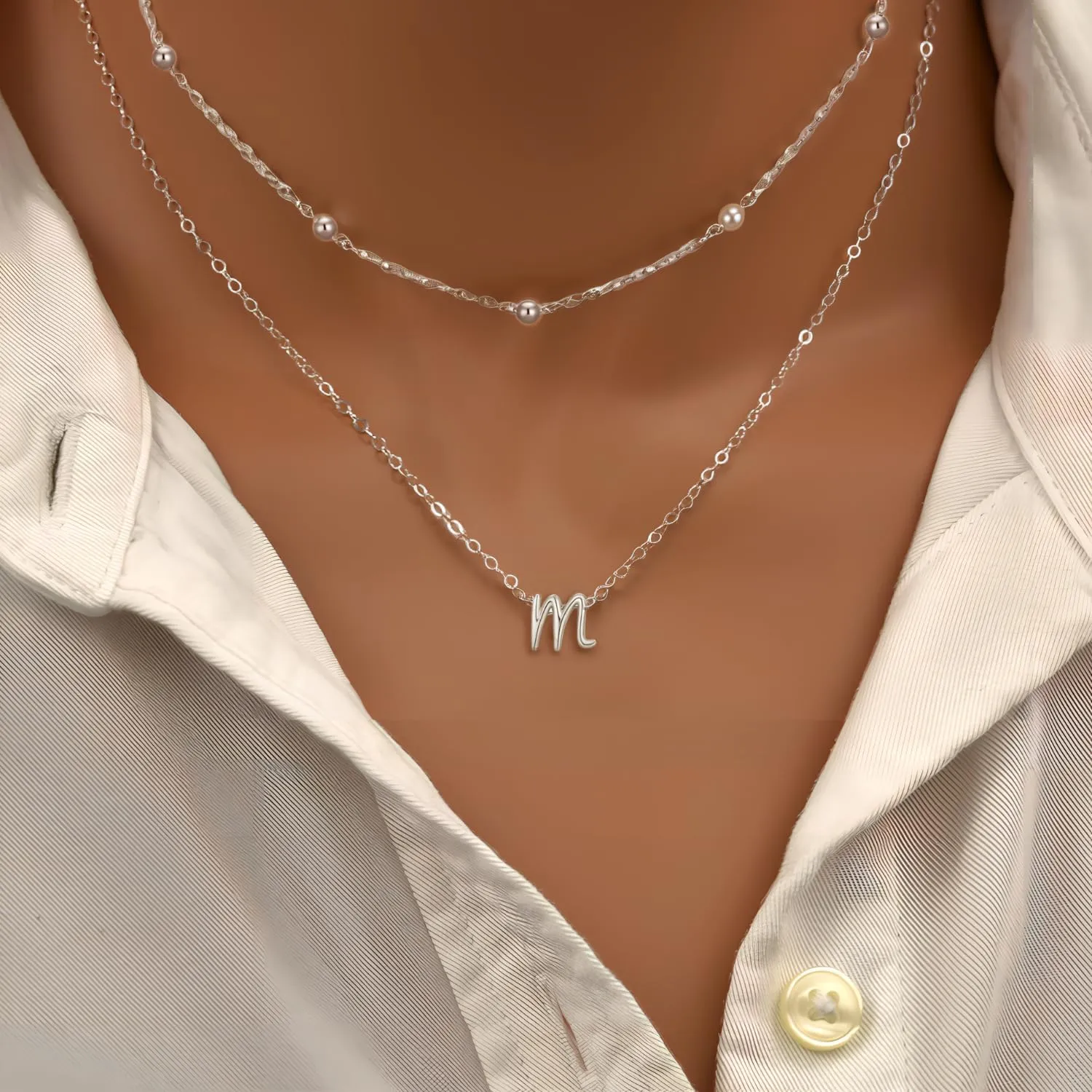Sterling Silver Layered Initial Necklace for Women - 18K Gold Plated Adjustable Beaded Choker & Personalized Pendant Set, Delicate Jewelry