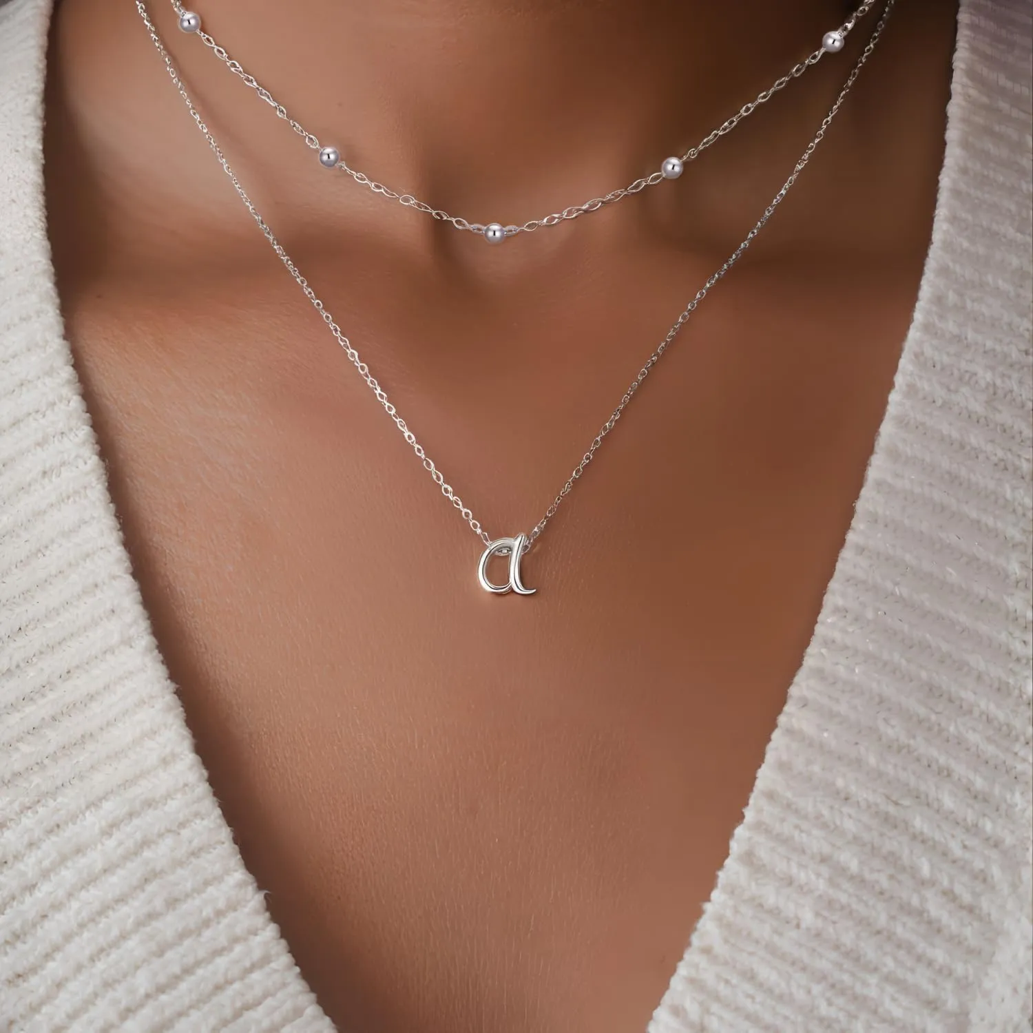 Sterling Silver Layered Initial Necklace for Women - 18K Gold Plated Adjustable Beaded Choker & Personalized Pendant Set, Delicate Jewelry