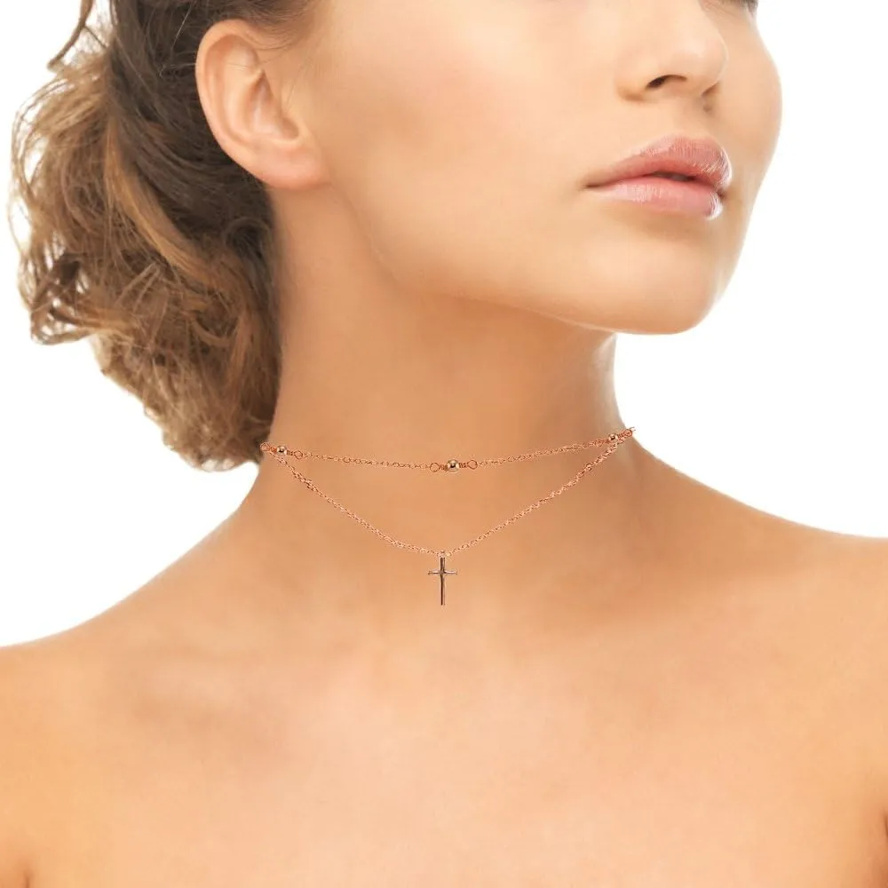 Sterling Silver Polished Cross Layered Choker Necklace