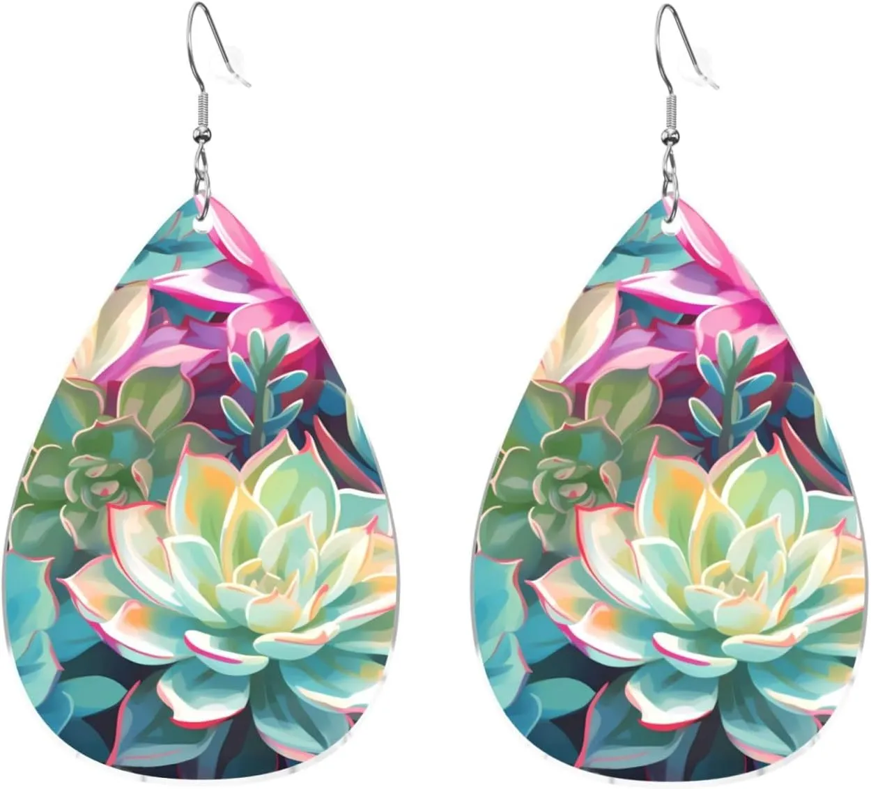 Stylish Drop-Shaped Acrylic Earrings Lightweight Printed Teardrop Dangle Earrings for Women (Colorful Succulent)