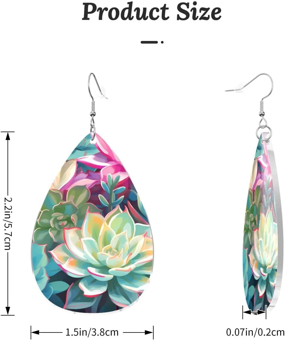 Stylish Drop-Shaped Acrylic Earrings Lightweight Printed Teardrop Dangle Earrings for Women (Colorful Succulent)