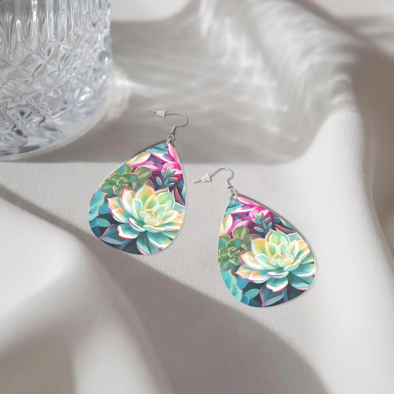Stylish Drop-Shaped Acrylic Earrings Lightweight Printed Teardrop Dangle Earrings for Women (Colorful Succulent)