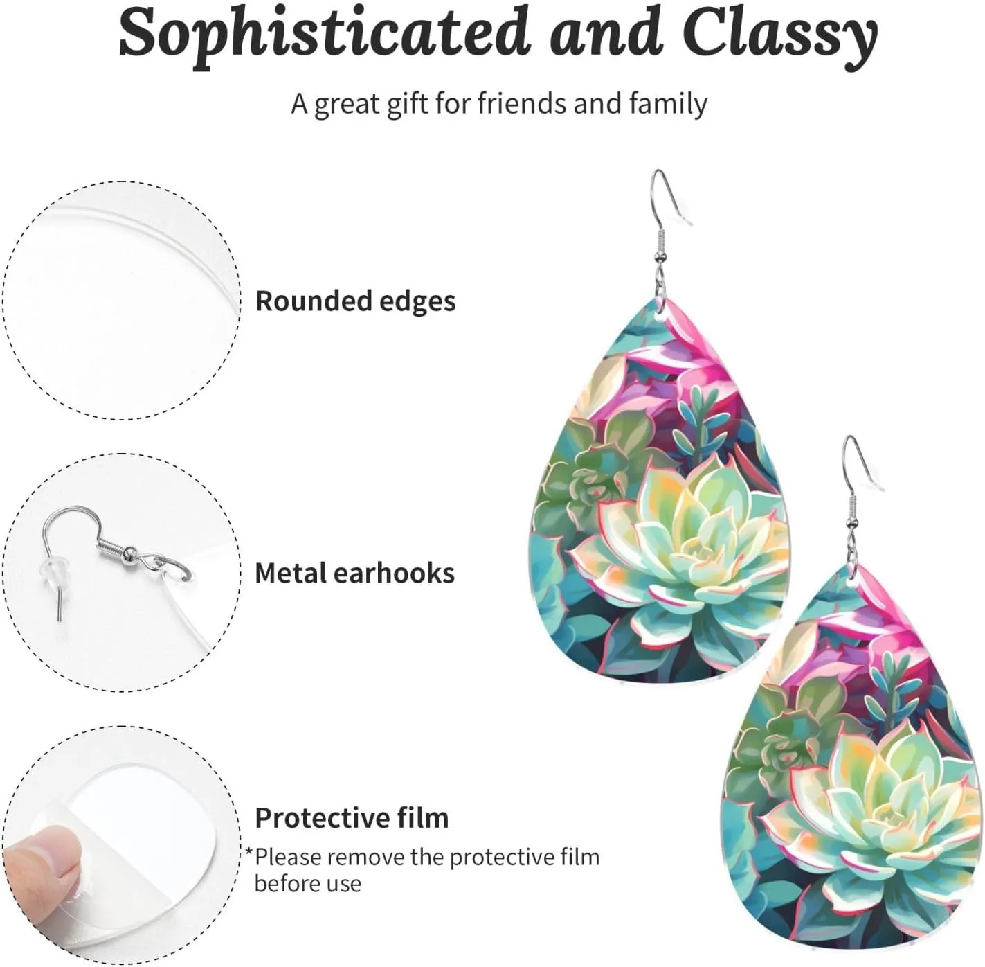 Stylish Drop-Shaped Acrylic Earrings Lightweight Printed Teardrop Dangle Earrings for Women (Colorful Succulent)