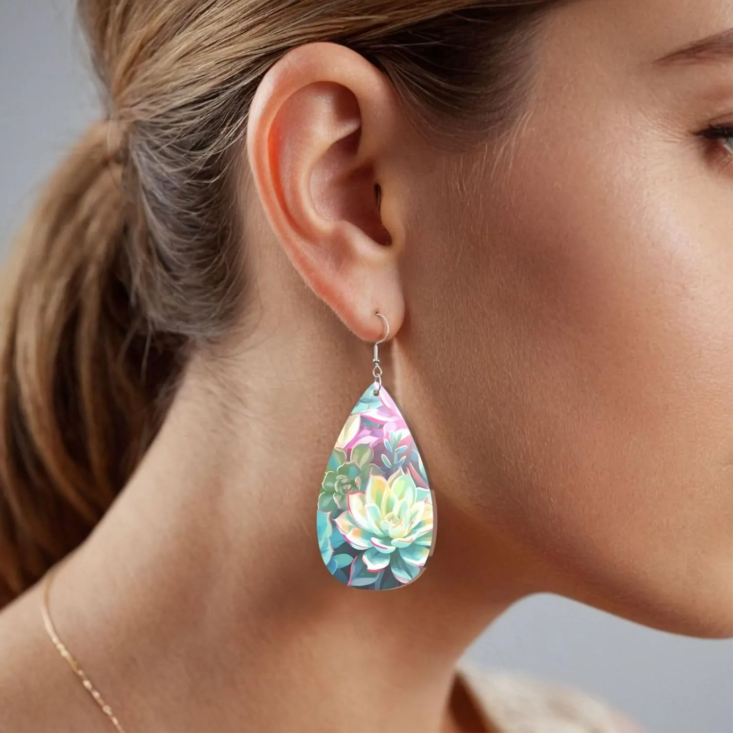 Stylish Drop-Shaped Acrylic Earrings Lightweight Printed Teardrop Dangle Earrings for Women (Colorful Succulent)