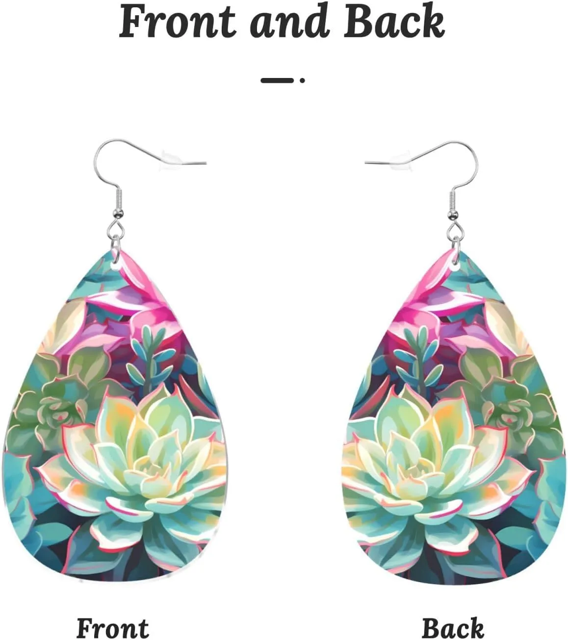 Stylish Drop-Shaped Acrylic Earrings Lightweight Printed Teardrop Dangle Earrings for Women (Colorful Succulent)