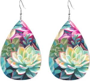 Stylish Drop-Shaped Acrylic Earrings Lightweight Printed Teardrop Dangle Earrings for Women (Colorful Succulent)