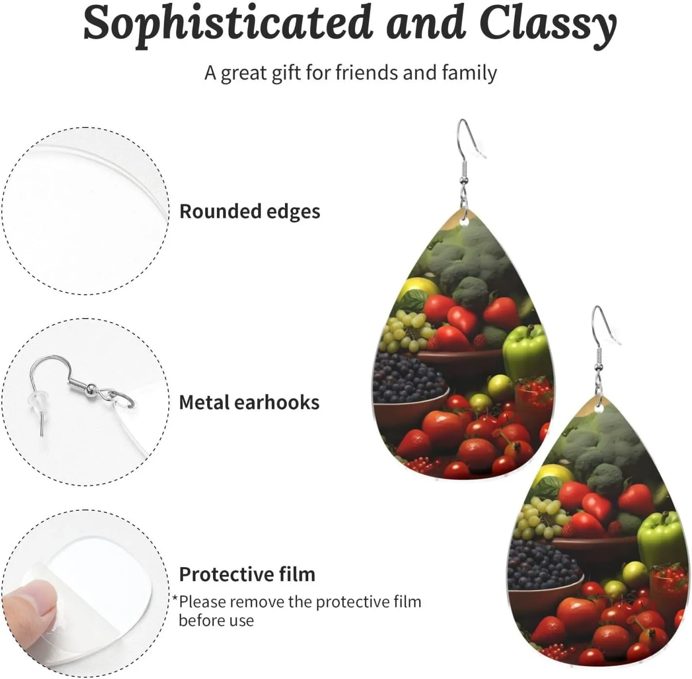 Stylish Drop-Shaped Acrylic Earrings Lightweight Printed Teardrop Dangle Earrings for Women (Fresh Vegetables)