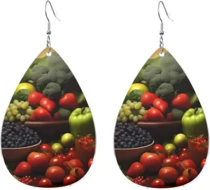 Stylish Drop-Shaped Acrylic Earrings Lightweight Printed Teardrop Dangle Earrings for Women (Fresh Vegetables)