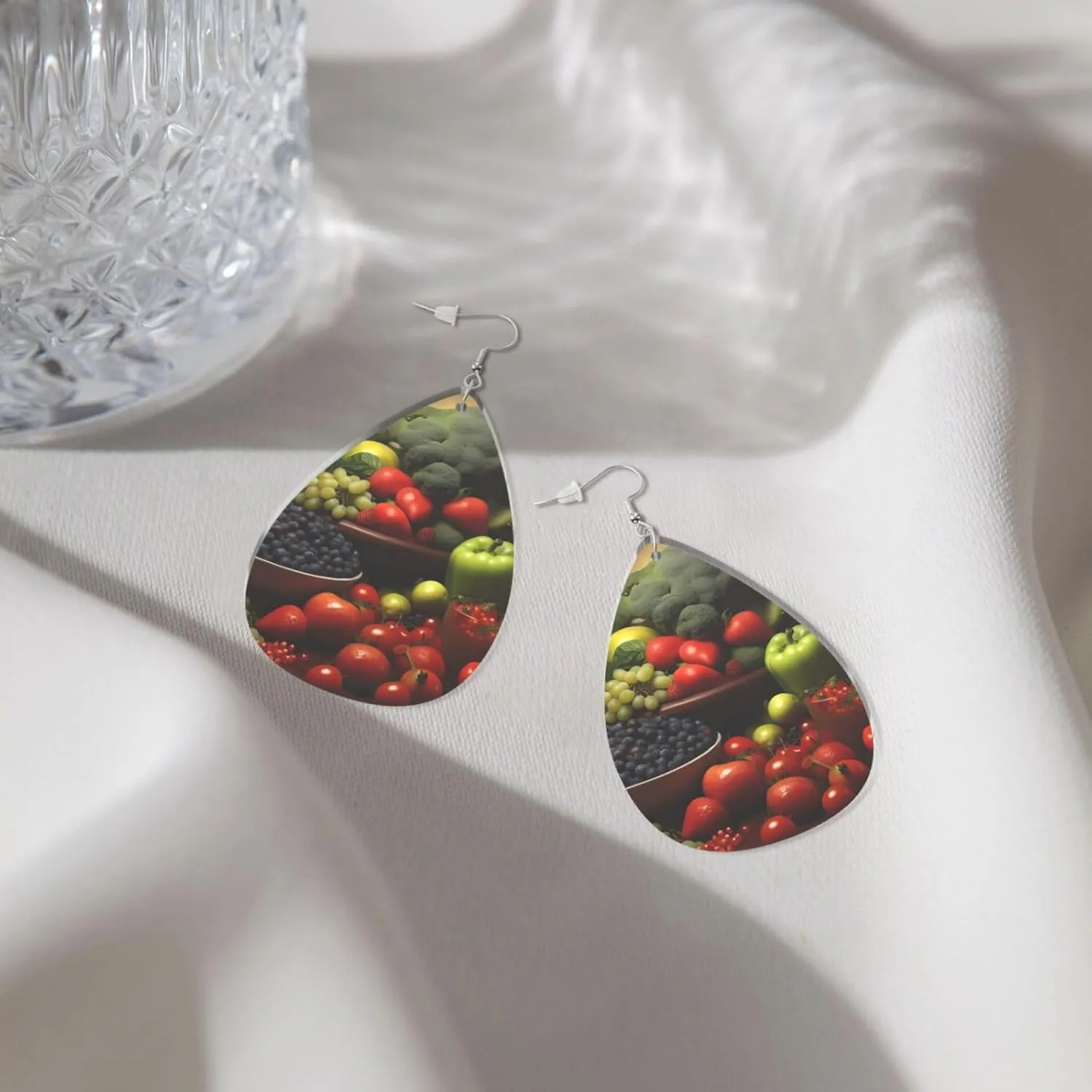 Stylish Drop-Shaped Acrylic Earrings Lightweight Printed Teardrop Dangle Earrings for Women (Fresh Vegetables)
