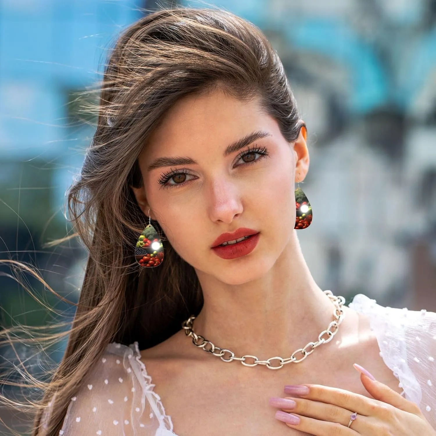 Stylish Drop-Shaped Acrylic Earrings Lightweight Printed Teardrop Dangle Earrings for Women (Fresh Vegetables)