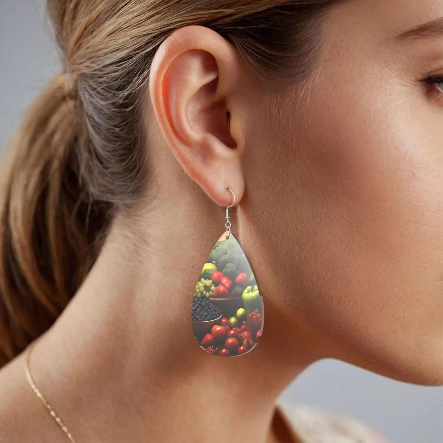 Stylish Drop-Shaped Acrylic Earrings Lightweight Printed Teardrop Dangle Earrings for Women (Fresh Vegetables)