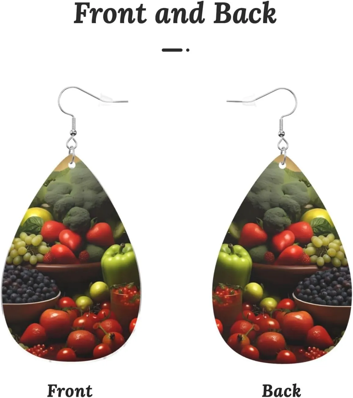 Stylish Drop-Shaped Acrylic Earrings Lightweight Printed Teardrop Dangle Earrings for Women (Fresh Vegetables)